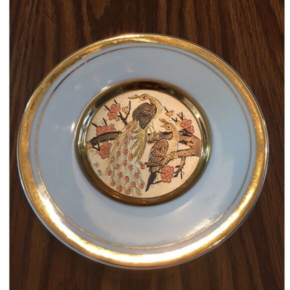 Art of Chokin 6” Plate 24kt Gold‎ Edge 2 Peacocks in a tree Japan Copper Etch - Picture 1 of 7